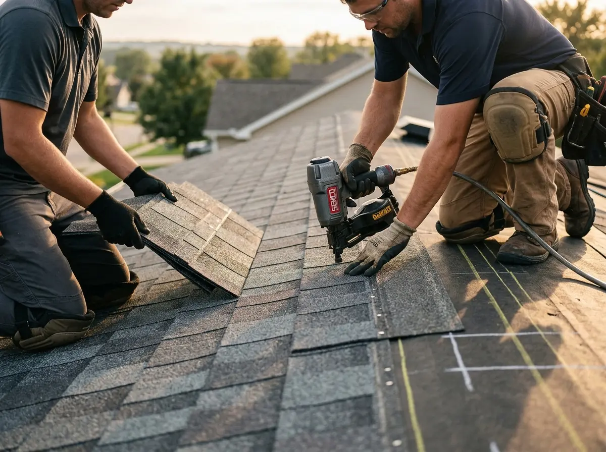 Professional roofer working on a residential roof in Duarte